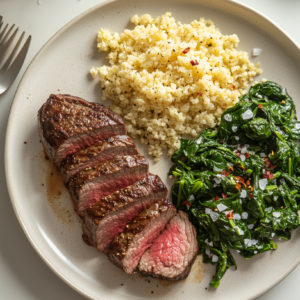 Gegrilltes Rinderfilet mit Blumenkohlreis und Spinat