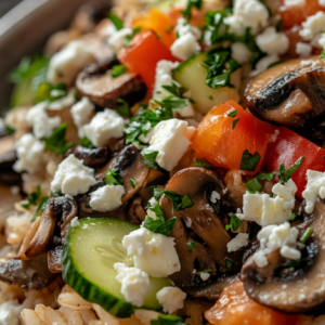 Pilz-Oliven-Reis mit Gemüse und Feta