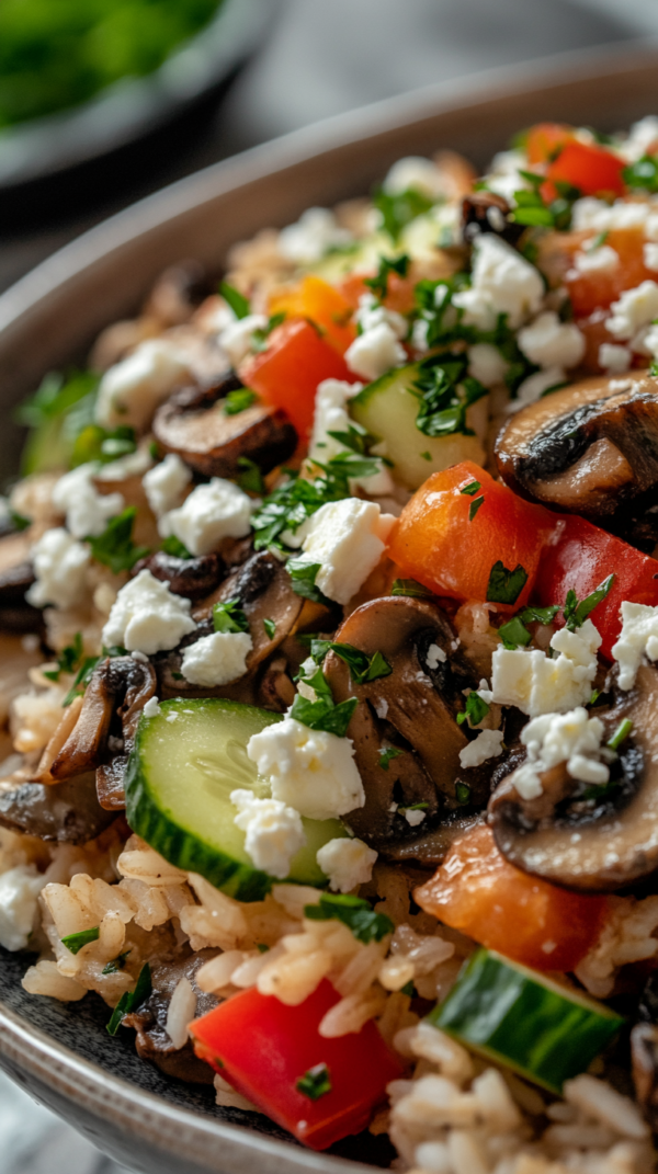 Pilz-Oliven-Reis mit Gemüse und Feta