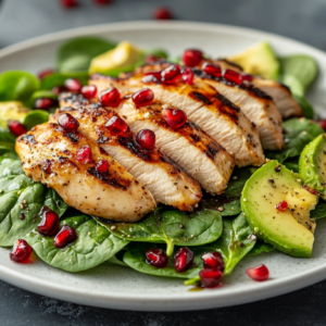 Spinat-Salat mit Hähnchenbrust, Granatapfelkernen und Avocado