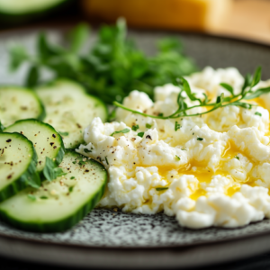 Gurkensalat mit Rührei und Hüttenkäse