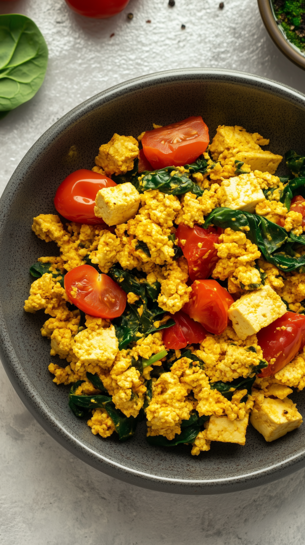 Tofu-Scramble mit Spinat und Tomaten