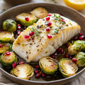Gebackener Kabeljau mit Rosenkohl und Granatapfelkernen
