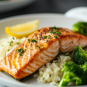 Gebratener Lachs mit Blumenkohlreis und Brokkoli