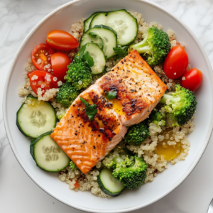 Quinoa-Salat mit gegrilltem Lachs und Gemüse