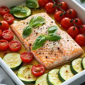 Gebackener Lachs mit Zucchini und Tomaten